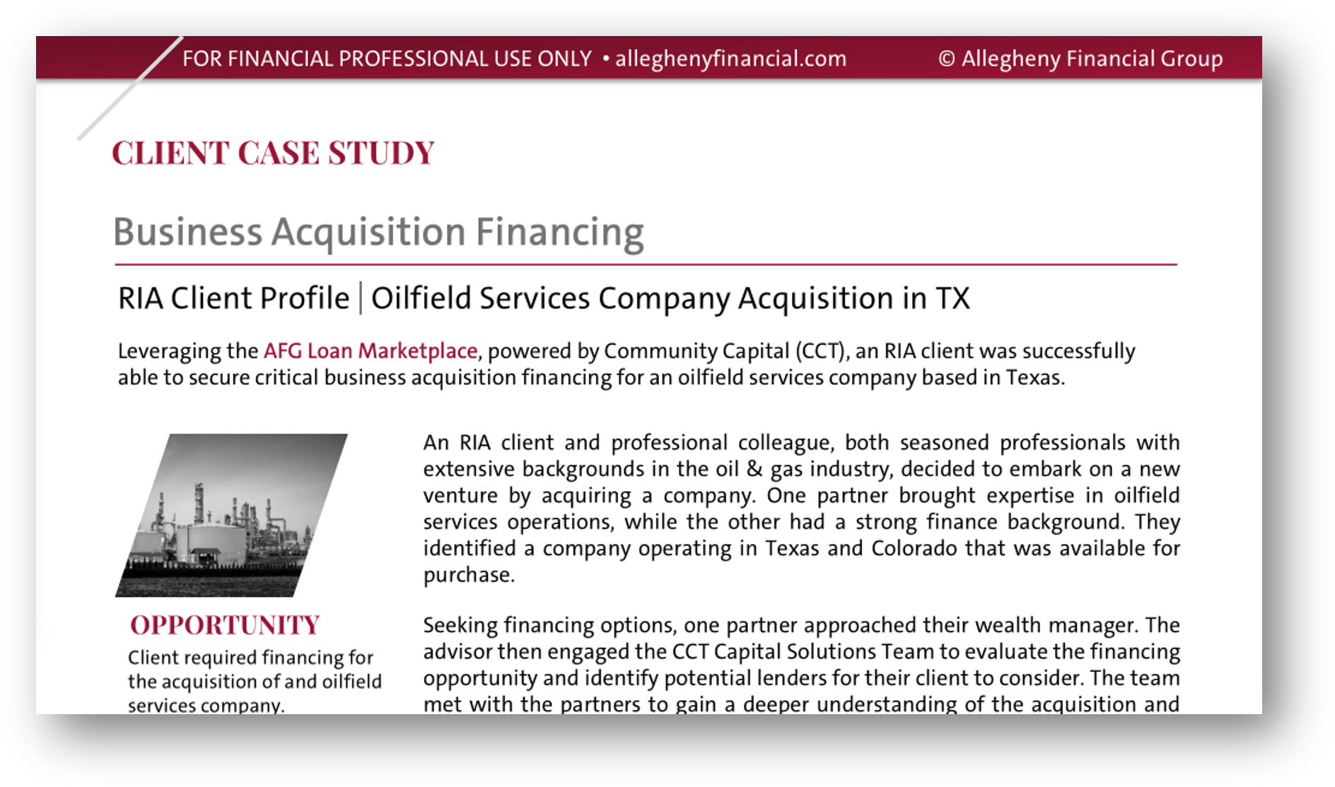 AFG - C&I - Loan Marketplace - RIA Case Study - Oilfield Acquisition